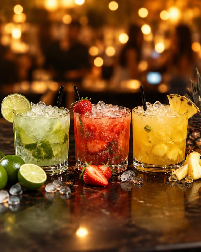 Caipiroska de limão, morango e abacaxi